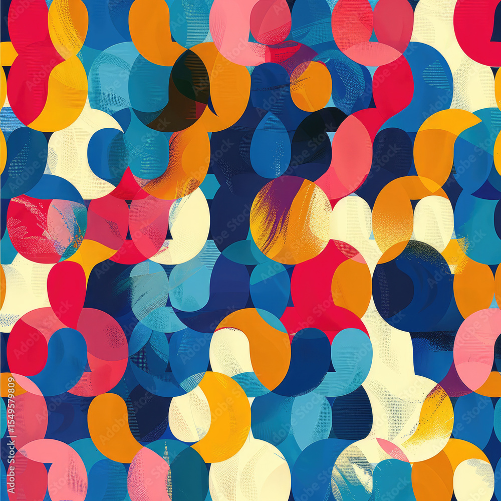 Poster colorful abstract pattern with overlapping shapes in vibrant hues. design features mix of blue, red,