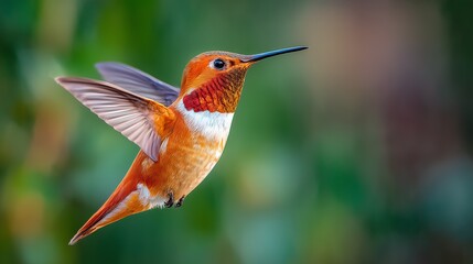 Fototapeta premium Rufous hummingbird hovering with blurred green background