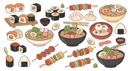 Assorted Colorful Japanese Sushi Ramen and Skewers Illustration on White Background
