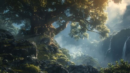 Fototapeta premium Mystical Waterfall Scene in a Lush Forest