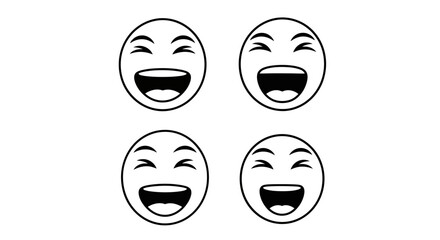 Set of Four Simple Black Laughing Faces on White Background

