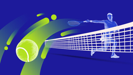 Mixed media shows tennis player in motion with abstract streaks in bright blue and green colors....