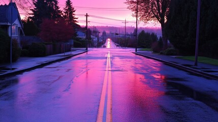 Pink-hued street at dawn, wet asphalt