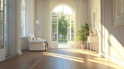Light-filled, modern living room with neutral tones, comfortable seating, large windows and sliding doors, and a houseplant.