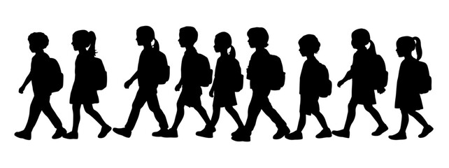 Kid student silhouette, boy and girl with school backpack, kid holding notebook and books for study 