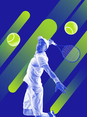 An energetic tennis athlete is depicted in a lively, colorful illustration featuring an array of...