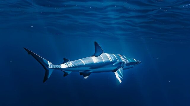 Majestic shark gliding effortlessly through crystal clear ocean waters, showcasing its sleek body and vibrant patterns beneath sunlit waves, a symbol of marine beauty and conservation.
