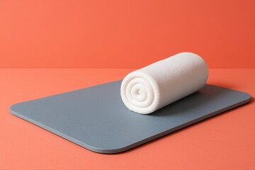 Fototapeta premium Rolled white towel on a gray surface against an orange background wall