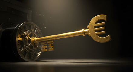 Unlocking financial potential golden key with euro symbol in dark studio setting creative photography