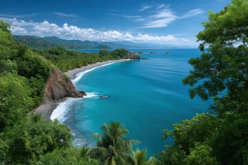 Obraz premium Coastline vista Turquoise ocean meets a beach bordered by lush greenery under a partly cloudy blue sky