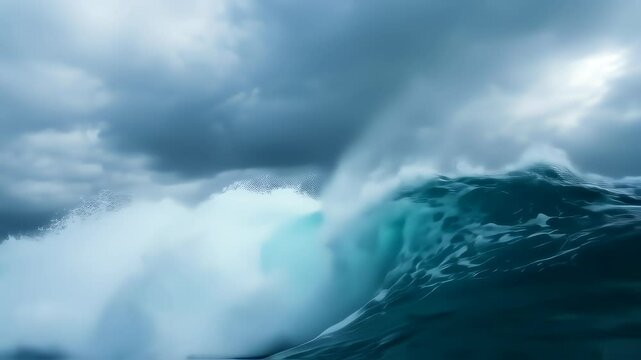 High-speed pan of crashing ocean wave freezing droplets in motion