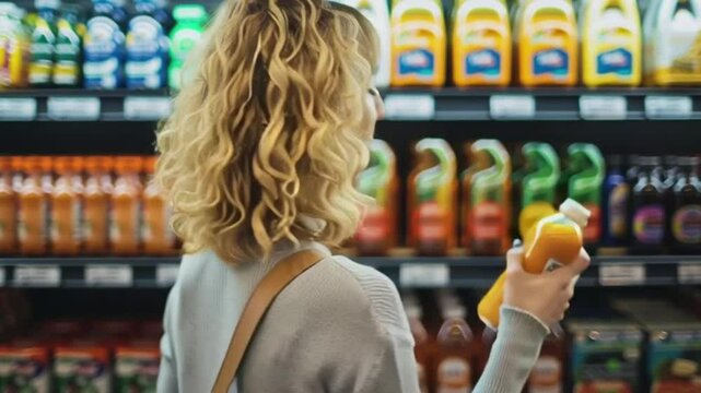 Woman picks up a bottle of juice from the shelf in a supermarket. Healthy lifestyle.