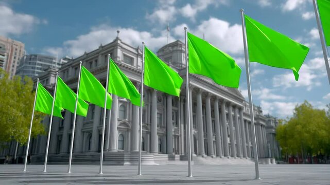 Vibrant Green Flags Waving in Front of a Historical Building Under a Bright Blue Sky