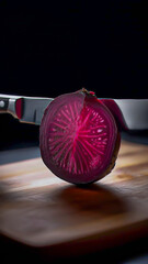 Transparent beetroot, cut in half, like a crystal with a faceted surface,
