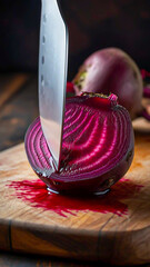 Transparent beetroot, cut in half, like a crystal with a faceted surface,