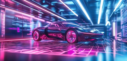 Futuristic neon-lit garage showcasing a sleek, dark vehicle