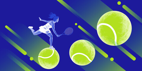 Bold creative poster with woman actively playing tennis, encircled by vibrant, enlarged tennis...