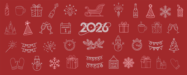 2026 New Year Icons. Festive Countdown Doodle Pack.