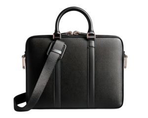 Black leather briefcase with shoulder strap.  Features structured design, zipper closure, and subtle metallic accents