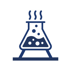 Dark Blue Erlenmeyer Flask with Boiling Liquid Bubbles on Stand Isolated on White Background