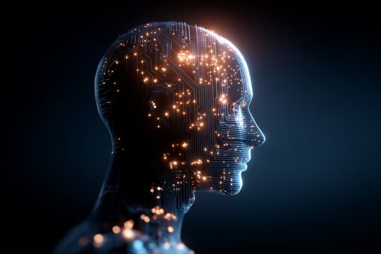 A human head silhouette illuminated with glowing circuit boards, symbolizing artificial intelligence and digital cognition.