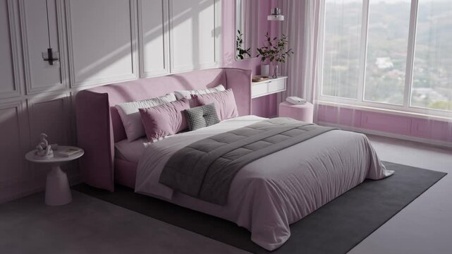 Modern Pink Bedroom Interior Elegant Minimalist Design in Soft Pastel Tones 3D Animation Architectural Visualization 4K