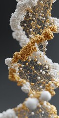 Abstract DNA double helix. Gold and white spheres and lines on a gray background. 3D rendering.