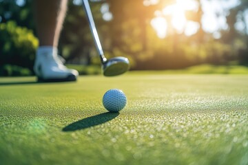 Golf club poised above a golf ball on a green