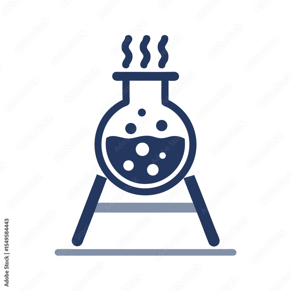 Poster round bottom flask on stand with boiling liquid and steam icon isolated on white background