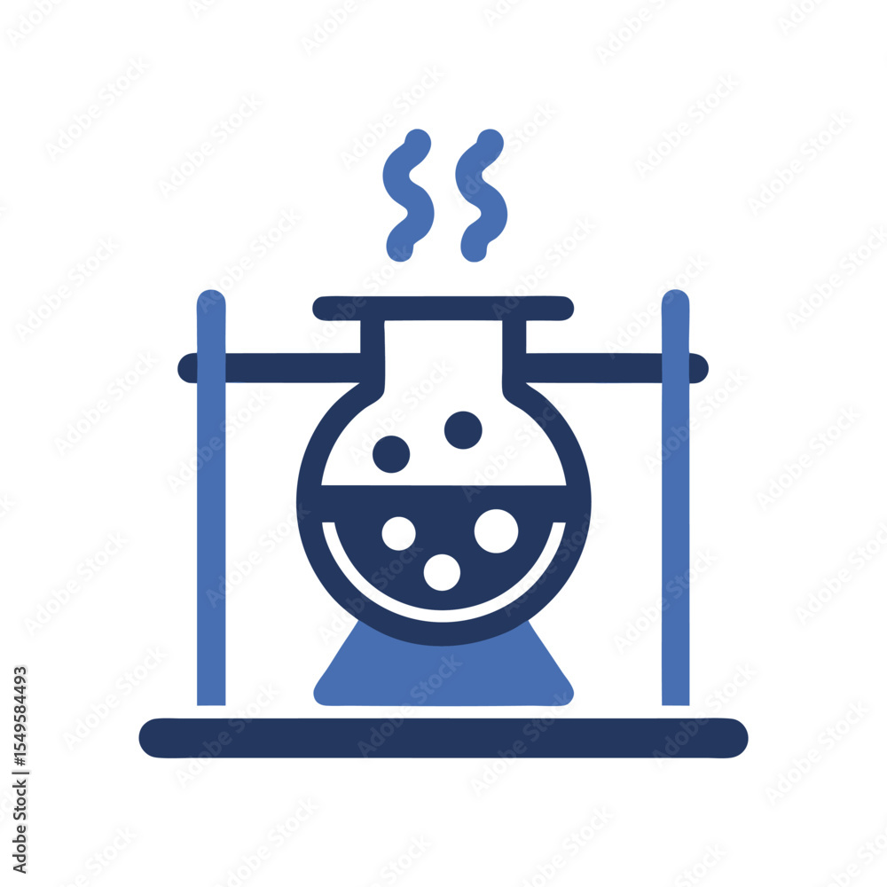 Poster round bottom flask on stand with steam science experiment icon blue color palette vector