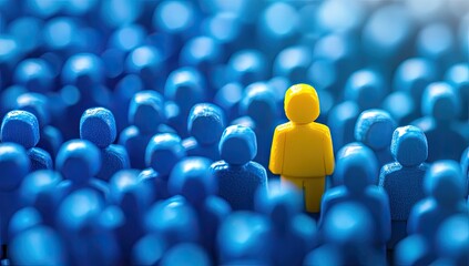 Fototapeta premium Single yellow figure amidst a sea of blue figures