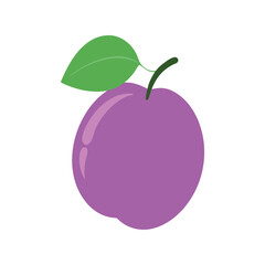 Ripe Purple Plum Fruit with Green Leaf Flat Vector Icon