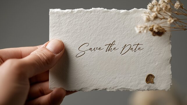 Person holding a Save The Date card with rustic textured paper and gold accents.