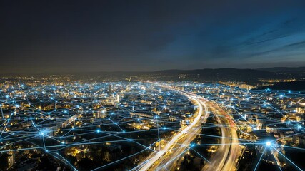 Time-lapse of Cityscape Transformation from Sunset to Night with Highway and Glowing Network Connections - Powered by Adobe