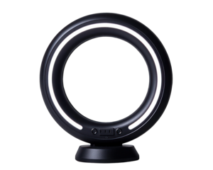 Circular black lamp with glowing white ring.  A sleek, modern design.  Features a wide, bright ring of light, circular base, and subtle power ports
