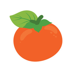 Vibrant Ripe Persimmon Fruit with Green Leaf Flat Vector Icon