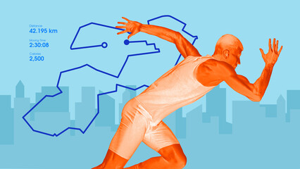 Dynamic runner over cityscape with bold marathon route overlay and performance stats. Modern visual for sports and event promotion. Concept that every run carves resilience into the soul.