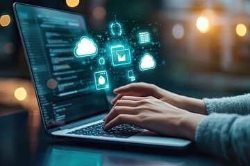 Hands typing on laptop with cloud computing icons overlaid