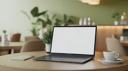 Fototapeta premium Photo of laptop with blank screen sits on a table in a cafe with a cup of coffee