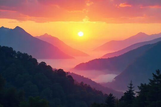 Serene sunrise over a misty mountain range, conveying a sense of spiritual peace and tranquility Perfect for meditation, yoga, or mindfulness themes , energy, mystical
