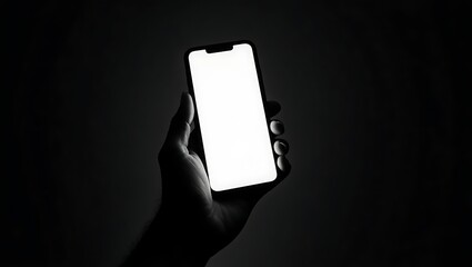 Photo of hand holding a smartphone with a bright blank screen in the dark