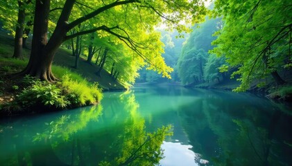 Obraz premium Serene waterscape, lush green foliage reflected in calm water Tranquil scene of nature, ideal for relaxation and escape Perfect for travel, nature, and wellness themes , summer, ecology