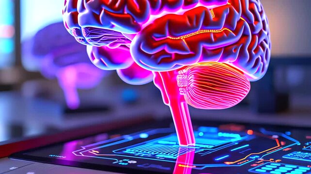 Luminous multicolored brain floating above high tech digital interface, symbolizing neurological innovation, cognitive computing, and advanced technological consciousness
