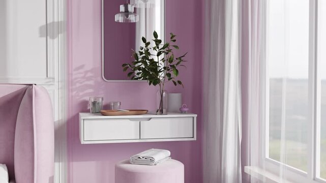Modern Pink Bedroom Interior Elegant Minimalist Design in Soft Pastel Tones 3D Animation Architectural Visualization 4K