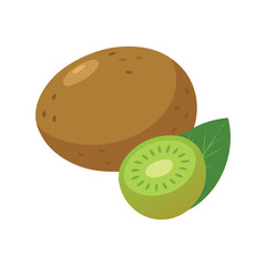 Obraz premium Whole and Sliced Kiwi Fruit with Leaves Vector Illustration