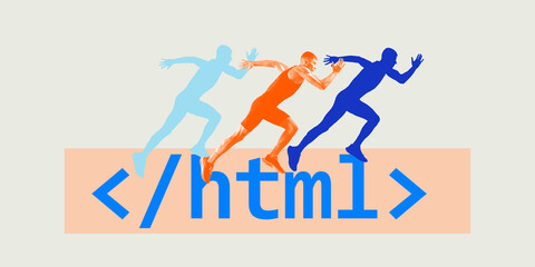 Runners metaphorically moving through an HTML tag space, expressing speed, evolution, and digital transformation. Digital presentations, websites, conferences, apps