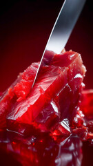 Transparent sorbet, cut in half like a crystal with a faceted surface,