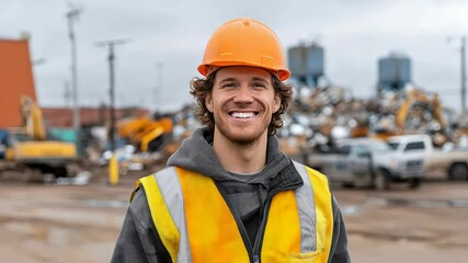Happy Construction Worker in Safety Gear at Busy Construction Site with Vehicles and City Skyline