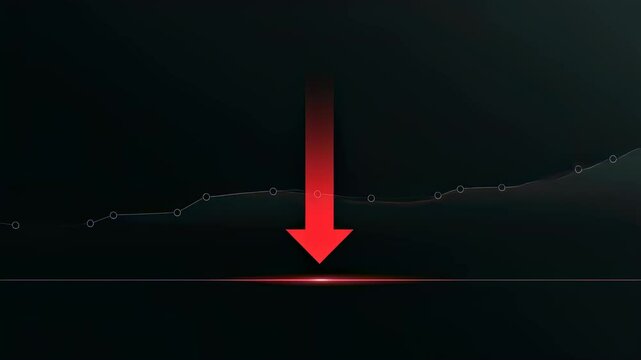 Red arrow pointing downward on financial graph. Business chart showing falling trend. Digital stock market data visualization for decline.