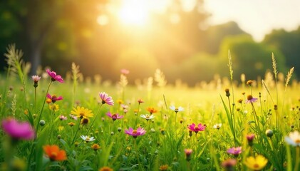 Fototapeta premium Sun-drenched meadow in summer, wildflowers blooming vibrantly, tall grasses swaying gently in a warm breeze Perfect for nature, summer, and idyllic themes , red, scenery